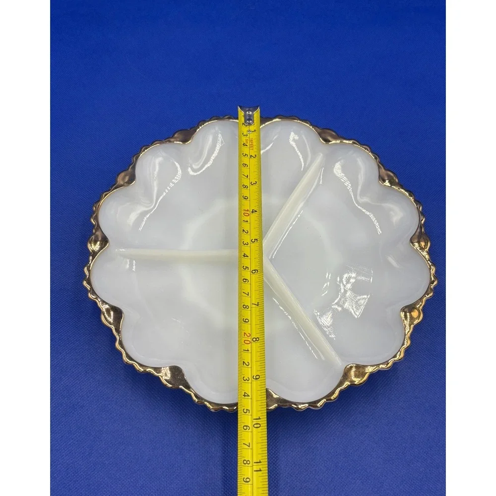 Vintage Fire King Anchor Hocking Milk Glass Divided‎ Dish with Gold Foil Edge